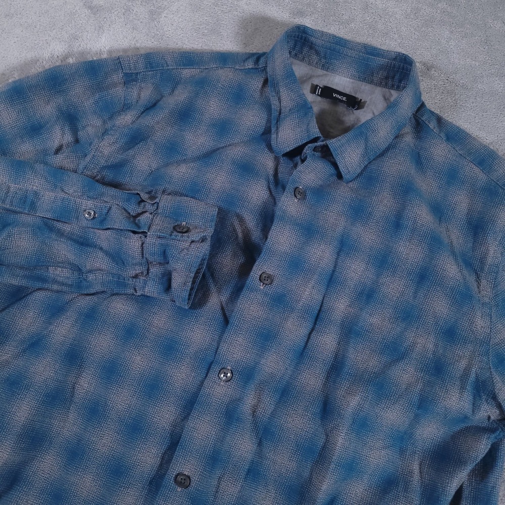 Vince Shirt Mens L Blue Plaid Button Up Long Sleeve Cotton Casual Designer
